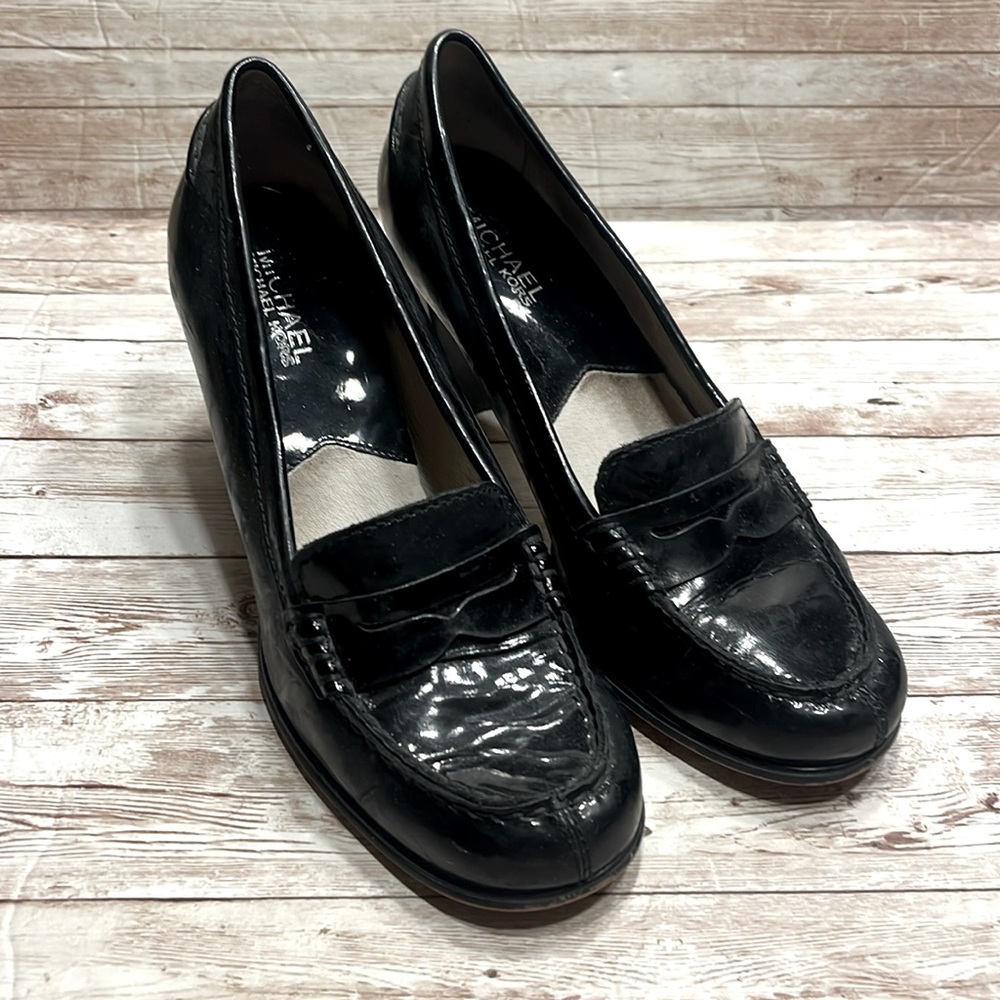 Michael Michael Kors Black Patent Leather Penny Loafer 3” Blocky Heels